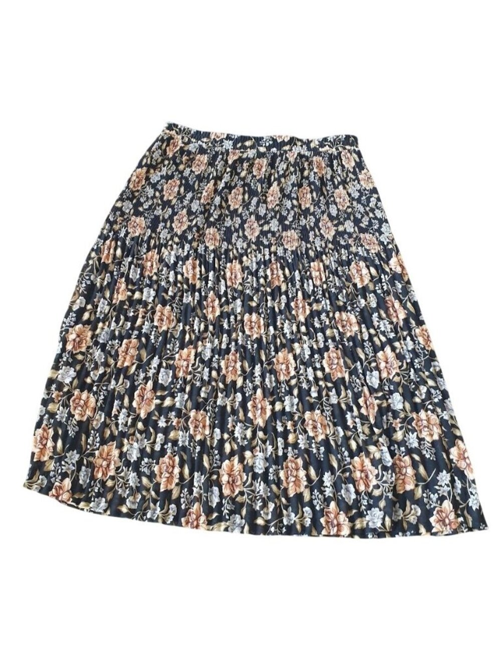 Sag Harbor Black Pleated Floral Midi Skirt Small Elastic Waist 34" Lightweight